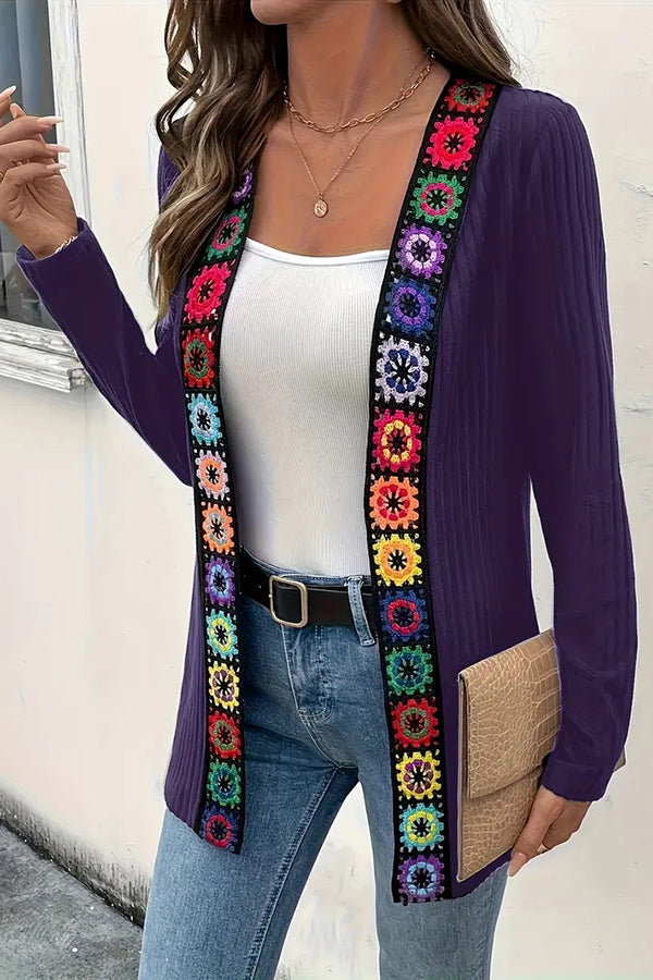 Boho knit cardigan with floral trim and long sleeves 
