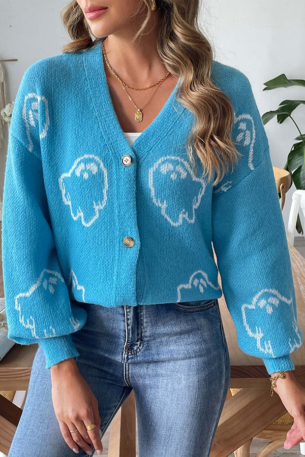 Cozy Halloween ghost knit sweater with buttons 
