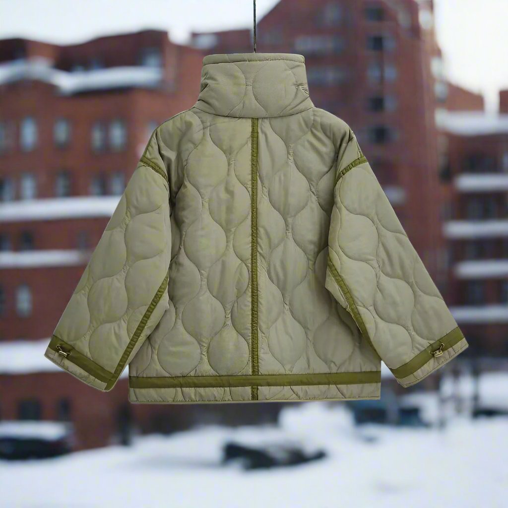 Women's hip-length cotton jacket with stand-up collar and drawstring 