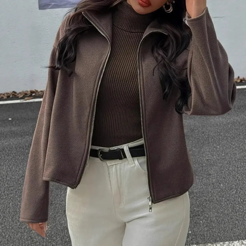 Casual short jacket with stand-up collar and zipper closure