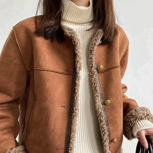 Cozy brown women's jacket with fleece lining and buttons 