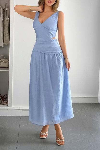 Sleeveless women's maxi dress with V-neck and hollow waist design 