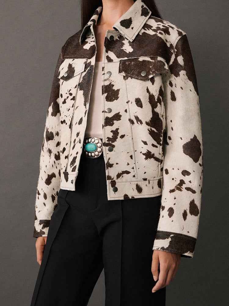 Jacket with cow print, lapel collar and stylish snap buttons 
