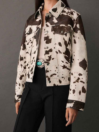 Jacket with cow print, lapel collar and stylish snap buttons 