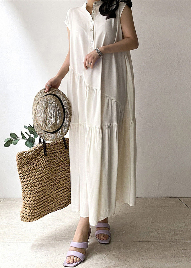 Women's long dress in khaki-colored cotton fabric with button pocket 