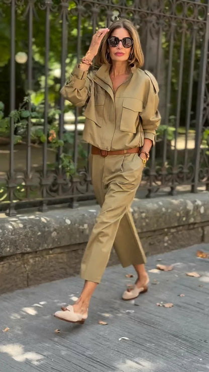 Casual utility cargo jacket with strap and pocket accents 