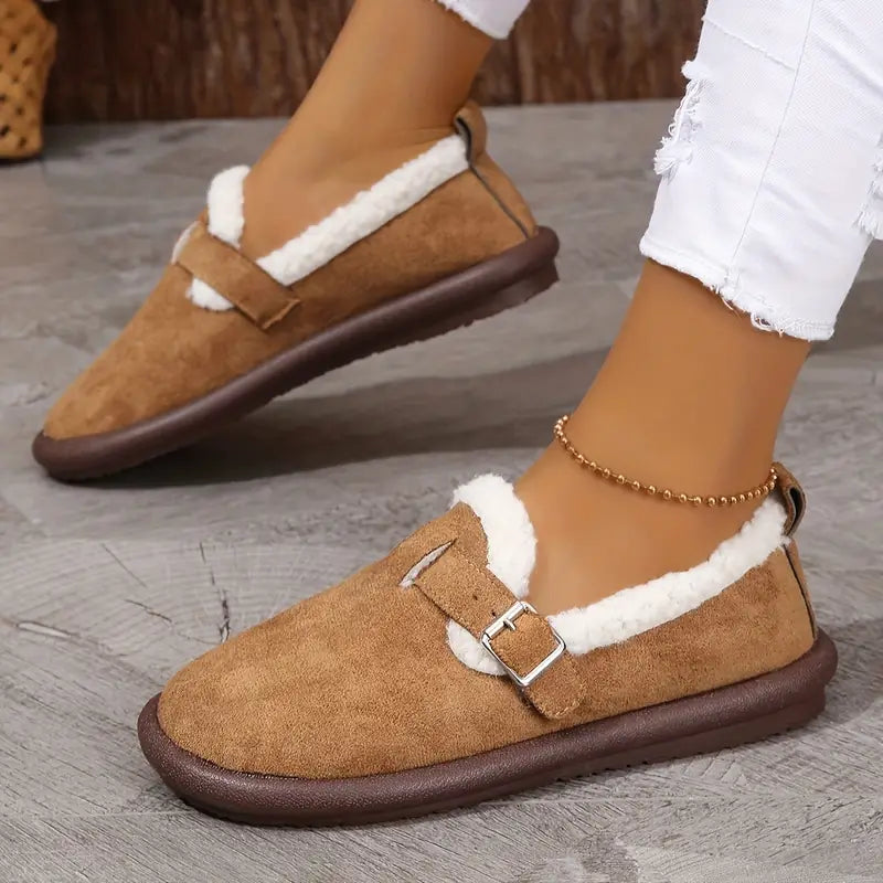 Comfortable fleece-lined slip-on ballerina flats with buckle straps 