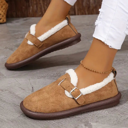 Comfortable fleece-lined slip-on ballerina flats with buckle straps 