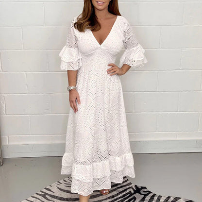 Angela™ - Midi dress with embroidered Anglaise ruffles on the sleeves