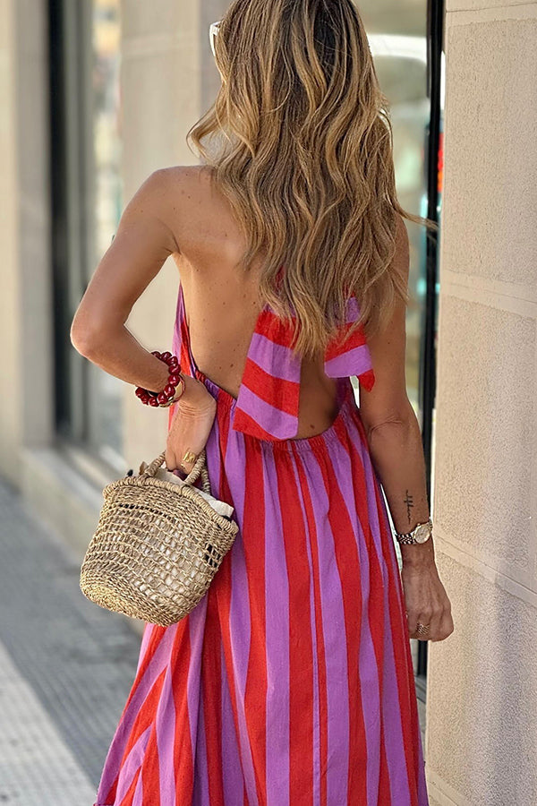 Karen | A-line maxi dress in a linen blend with a striped halter neckline