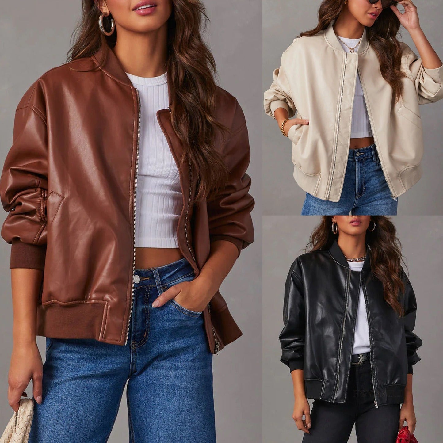 Timeless leather bomber jacket with zipper for women 