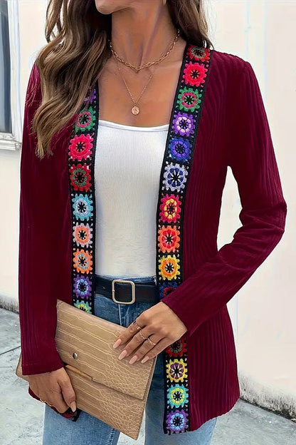 Boho knit cardigan with floral trim and long sleeves 