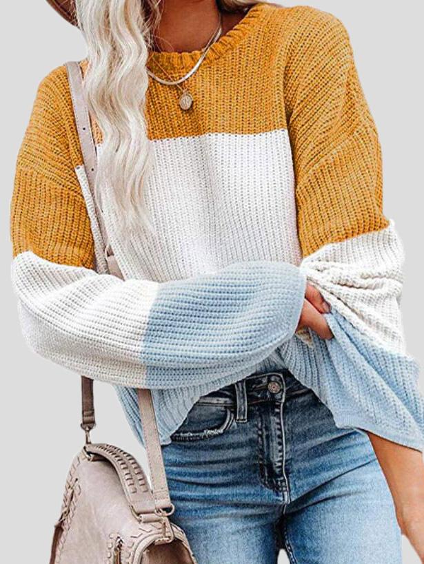 Cozy color-blocked knit sweater for a casual autumn style 