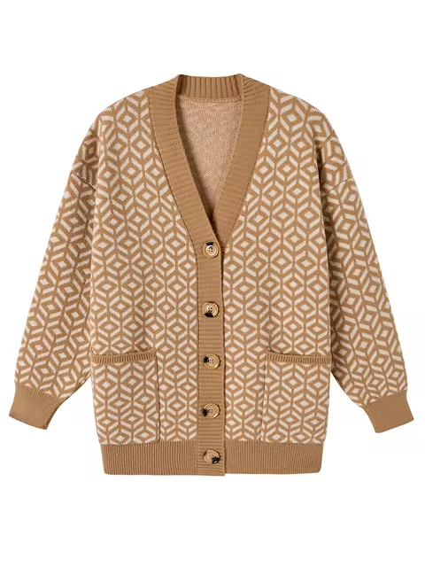 Cozy knitted cardigan with geometric pattern and button placket 