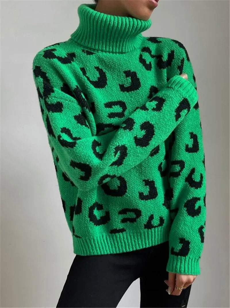 Anneliese™ - Casual turtleneck knit sweater with leopard print