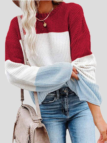 Cozy color-blocked knit sweater for a casual autumn style 