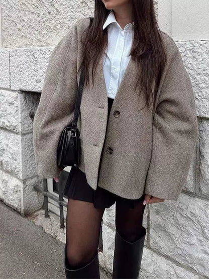 Oversized wool-look V-neck coat for women 
