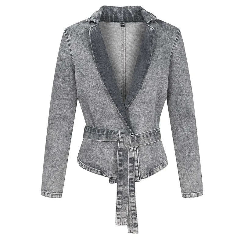 Casual denim jacket with belt, stand-up collar and long sleeves