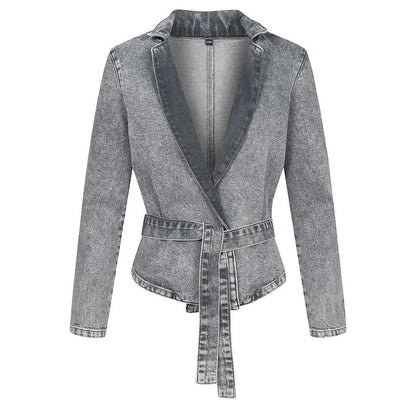 Casual denim jacket with belt, stand-up collar and long sleeves