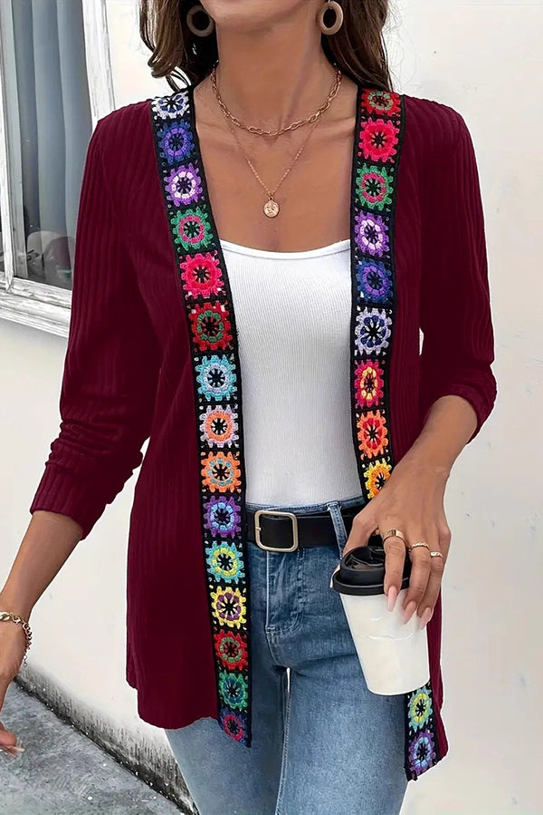 Boho knit cardigan with floral trim and long sleeves 