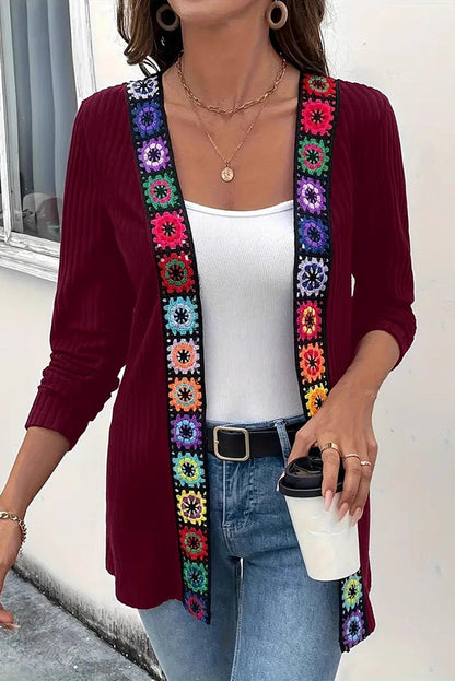 Boho knit cardigan with floral trim and long sleeves 