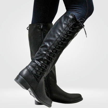 Women's boots with leather look, block heel, zipper and lacing 