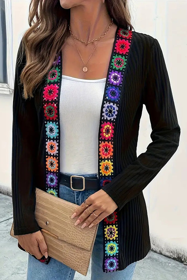 Boho knit cardigan with floral trim and long sleeves 