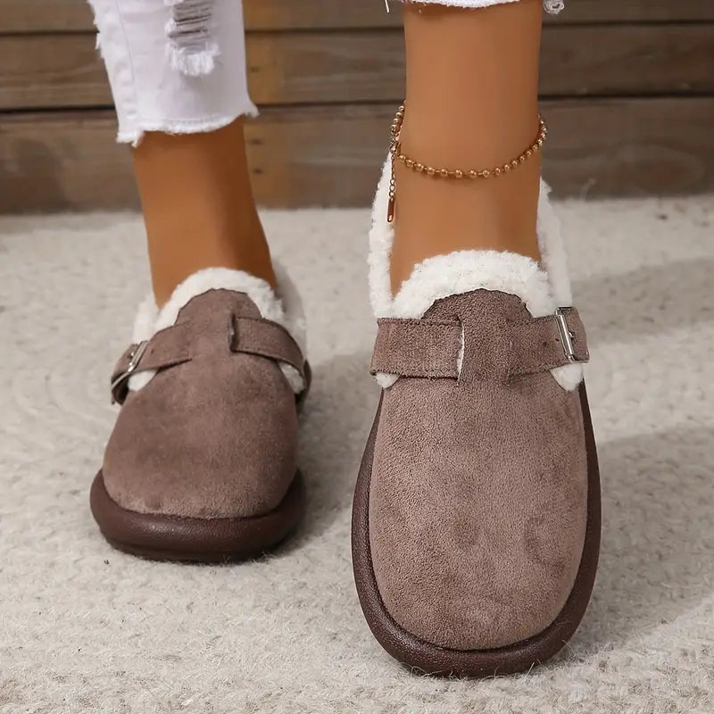 Comfortable fleece-lined slip-on ballerina flats with buckle straps 