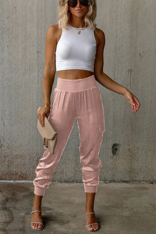 Maya™ - High-waisted satin joggers with pockets