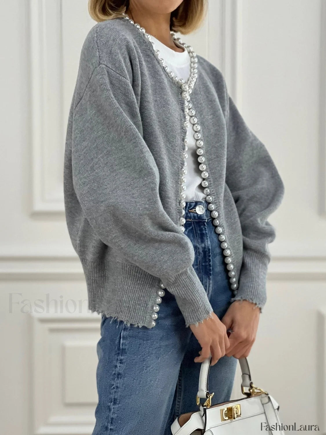 Cardigan with pearl embellishment and frayed hem 