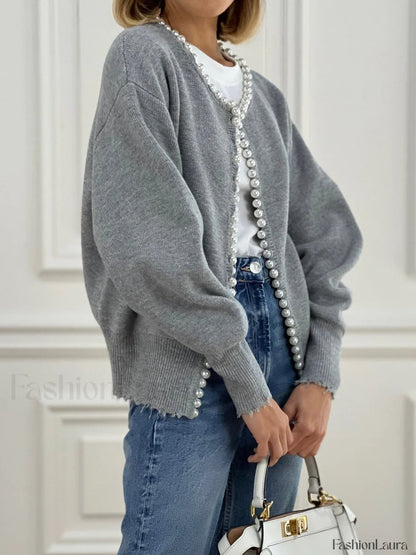 Cardigan with pearl embellishment and frayed hem 