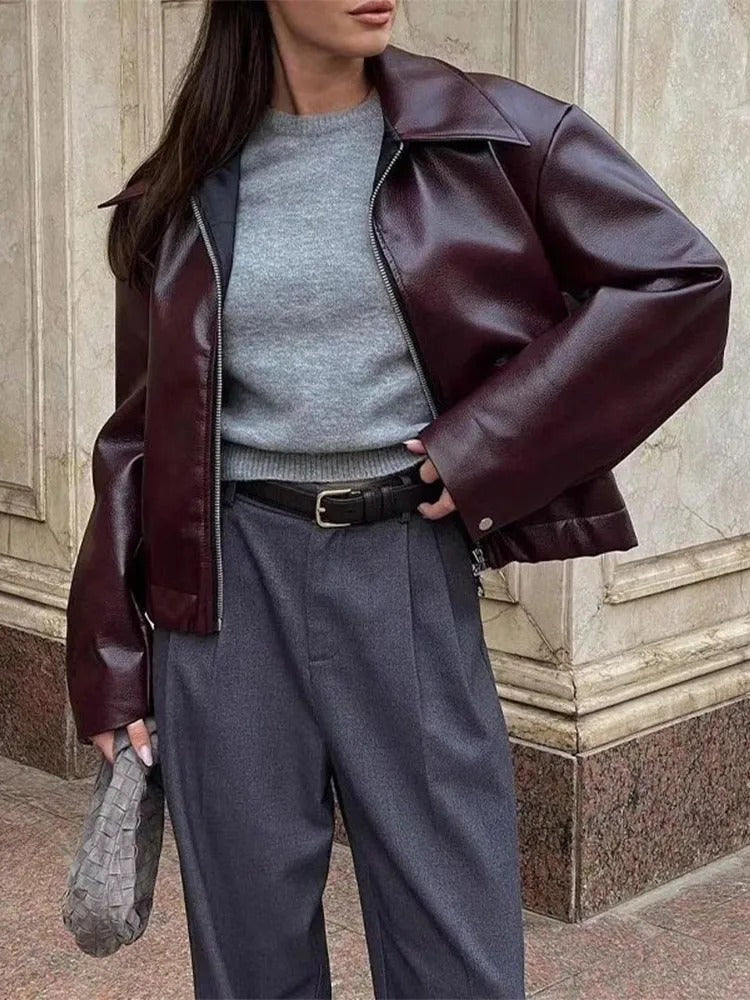 Leona™ - Trendy Bordeaux leather jacket