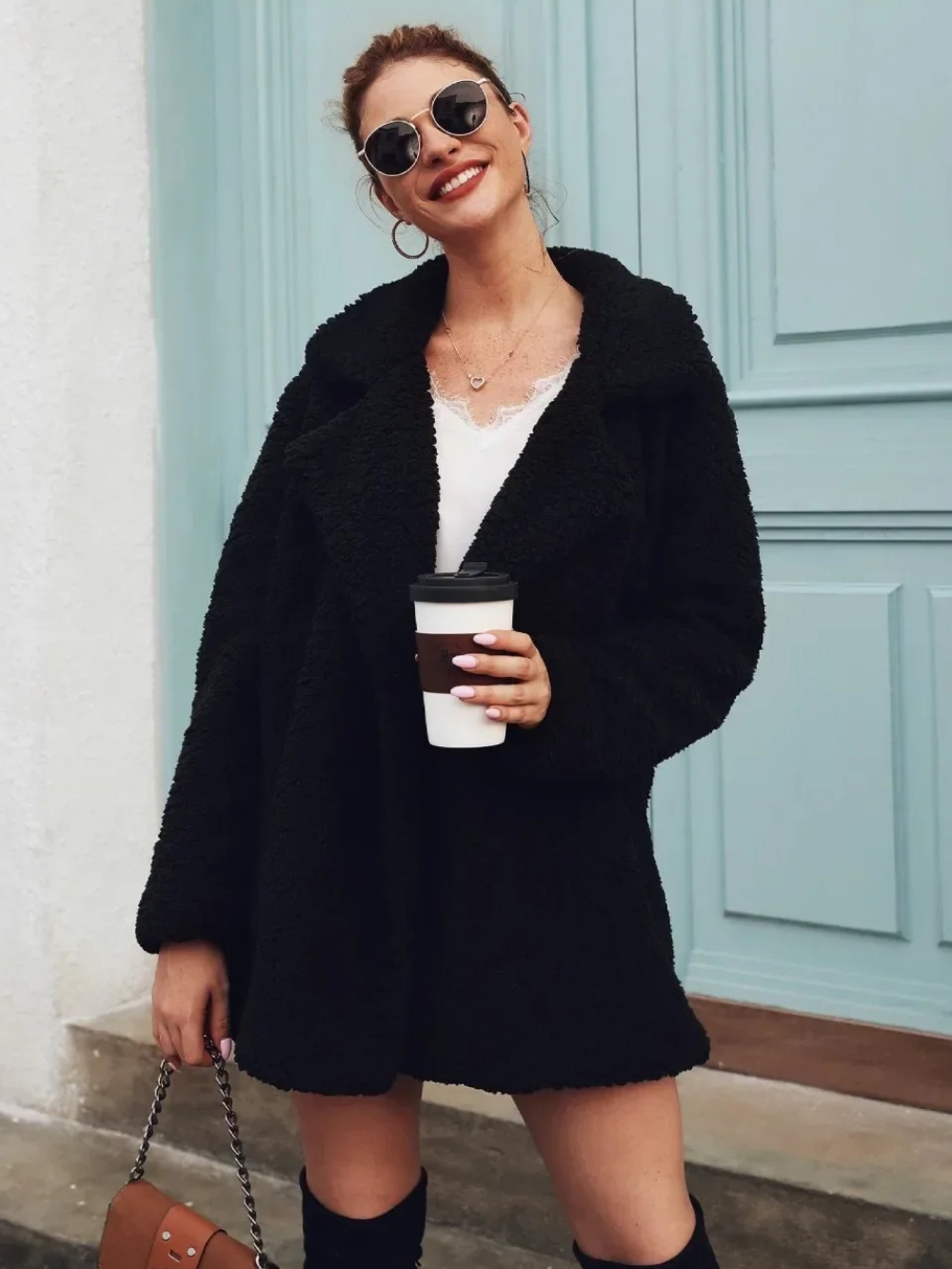 Cozy teddy plush short coat with lapel collar for women 