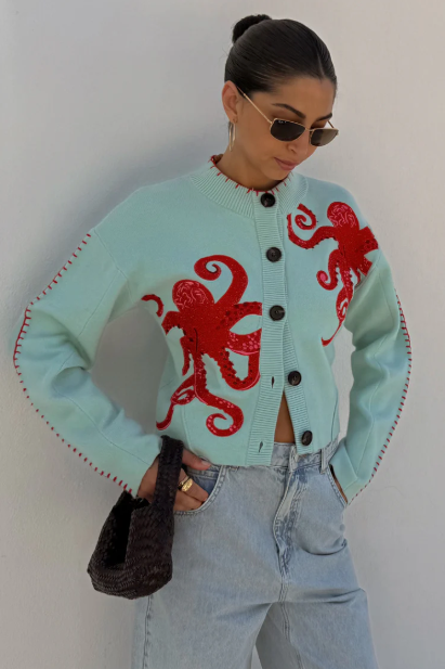 Cozy coastal cardigan with octopus motif and contrasting piping 