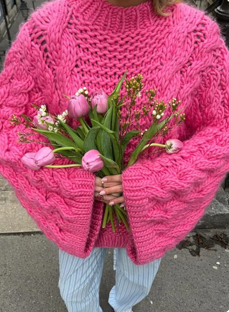 Cozy chunky knit oversized sweater with a high collar 