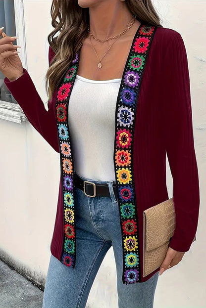 Boho knit cardigan with floral trim and long sleeves 