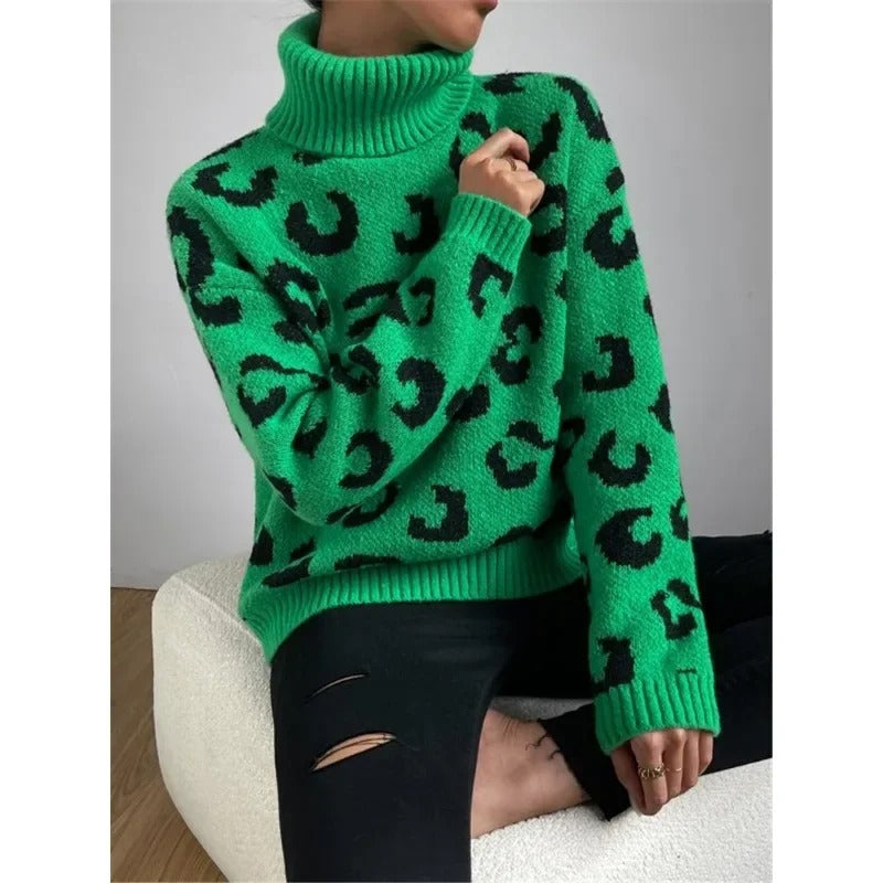 Anneliese™ - Casual turtleneck knit sweater with leopard print