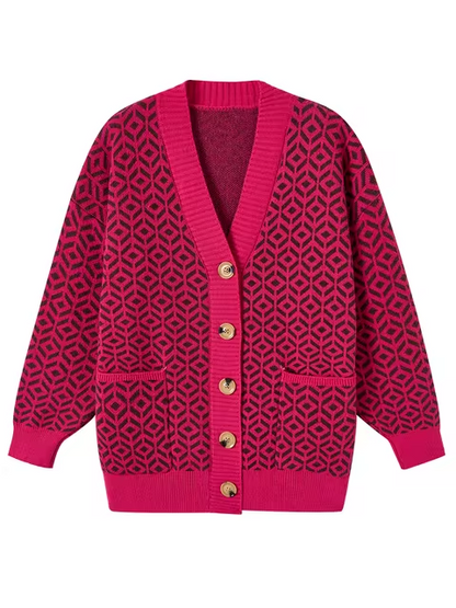 Cozy knitted cardigan with geometric pattern and button placket 
