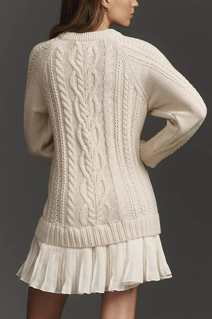Knit dress with cable pattern and pleated chiffon hem 