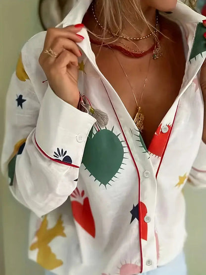 Linen blend printed blouse with button placket and wide sleeves 