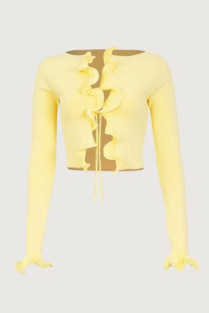 Cozy cardigan with ruffles and knot detail at the front 