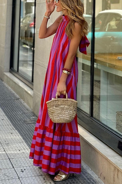 Karen | A-line maxi dress in a linen blend with a striped halter neckline