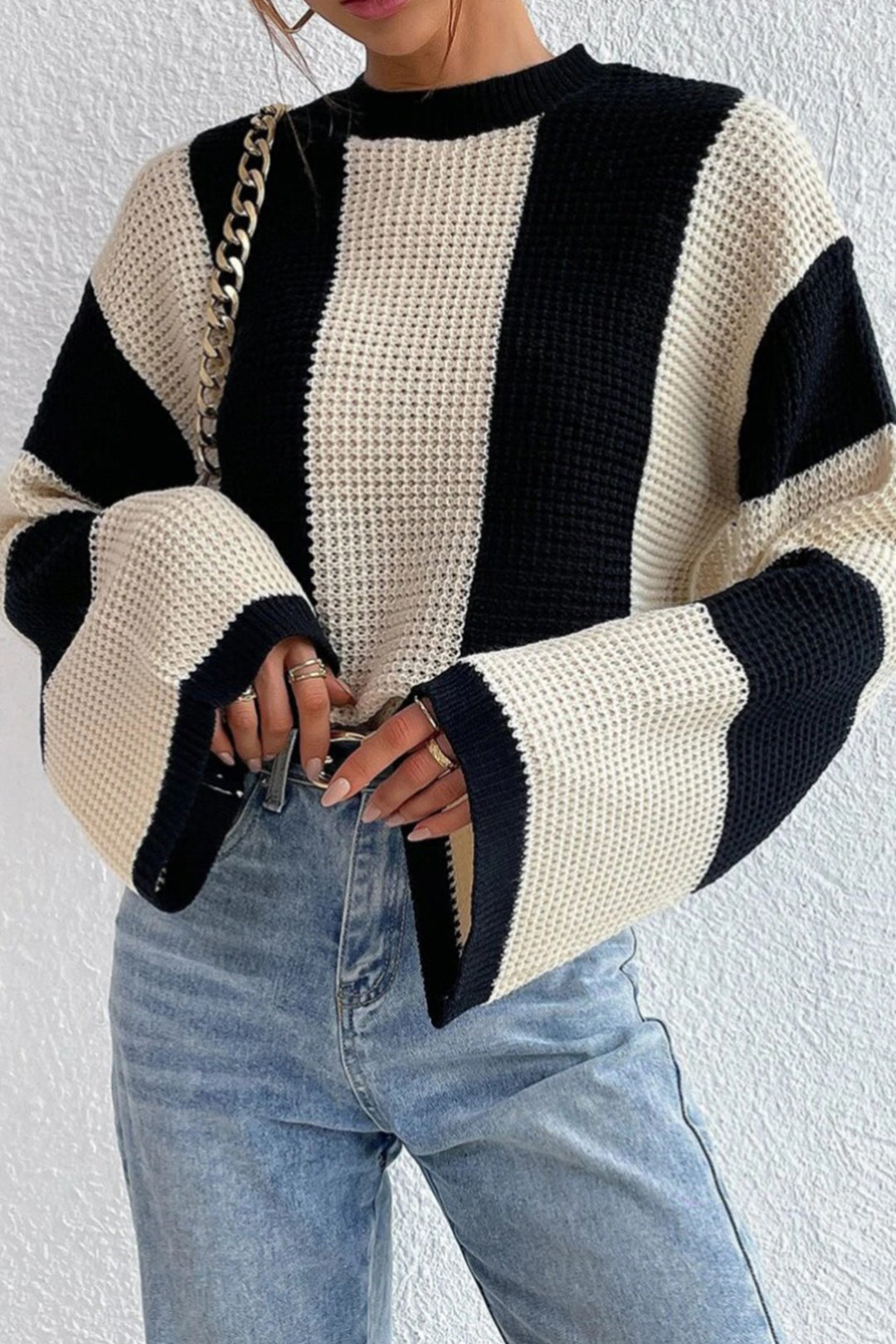 Contrast Bell Sleeve Round Neck Open Knit Top 