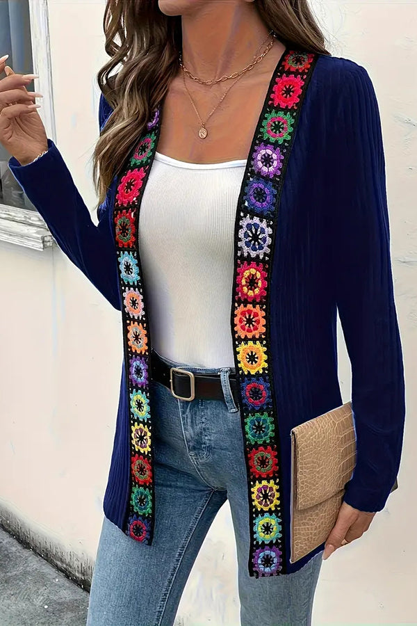 Boho knit cardigan with floral trim and long sleeves 