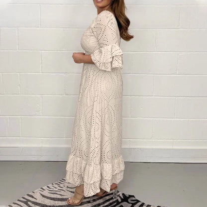 Angela™ - Midi dress with embroidered Anglaise ruffles on the sleeves