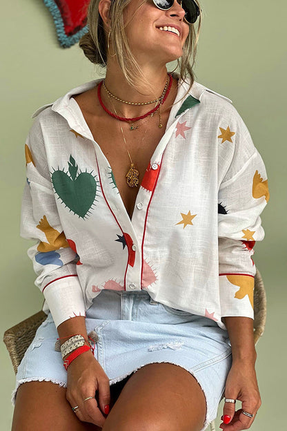 Linen blend printed blouse with button placket and wide sleeves 