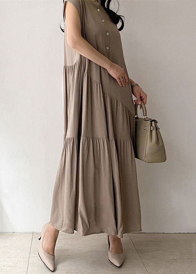 Women's long dress in khaki-colored cotton fabric with button pocket 