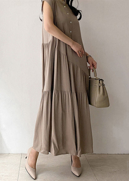Women's long dress in khaki-colored cotton fabric with button pocket 