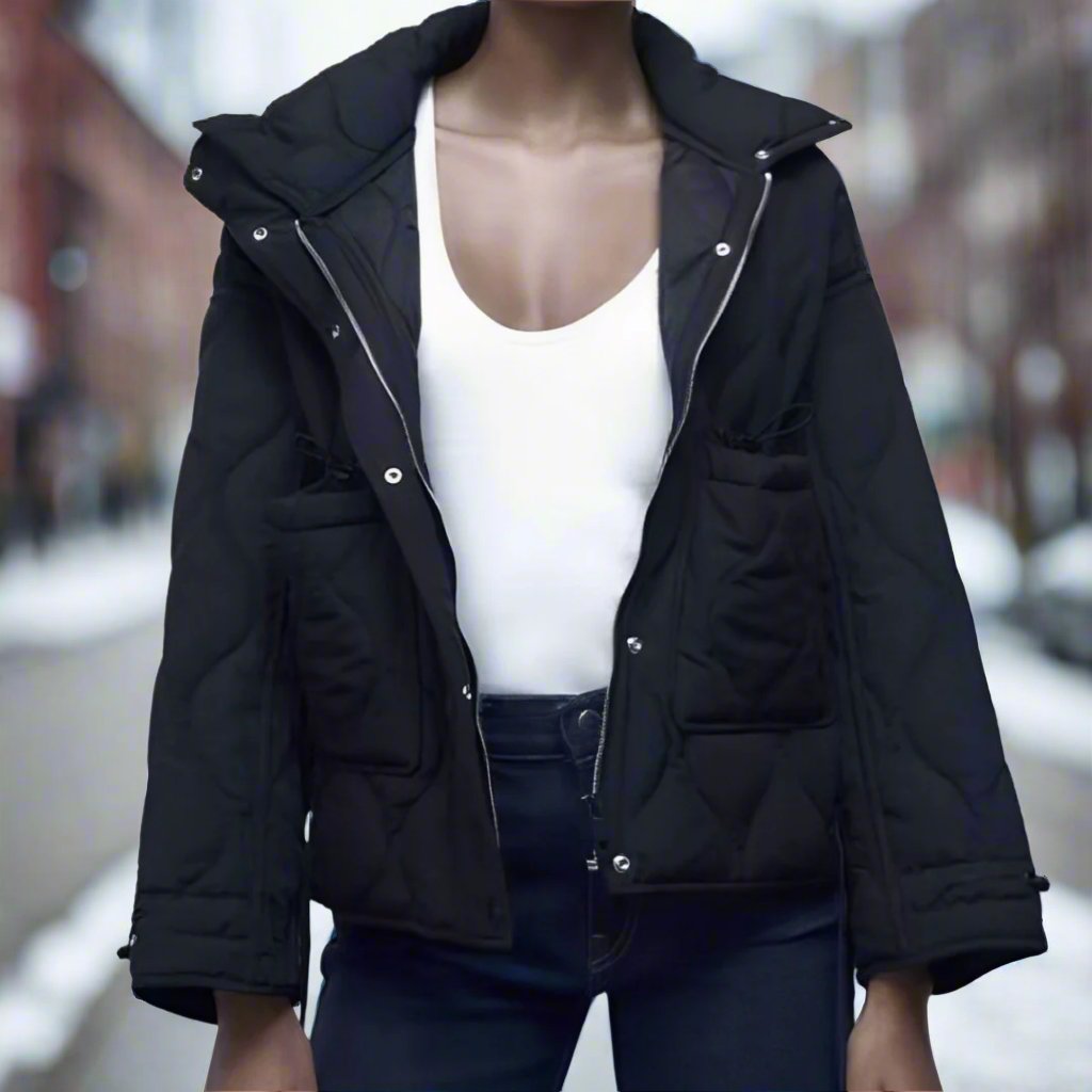 Women's hip-length cotton jacket with stand-up collar and drawstring 