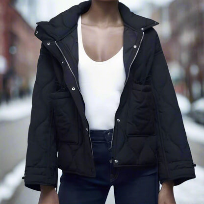 Women's hip-length cotton jacket with stand-up collar and drawstring 